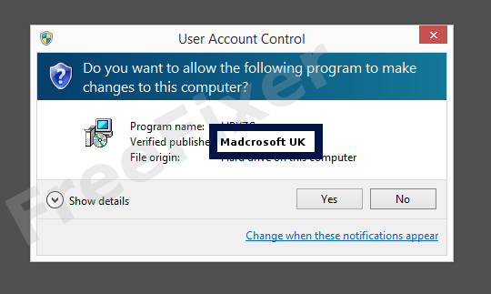 Screenshot where Madcrosoft UK appears as the verified publisher in the UAC dialog